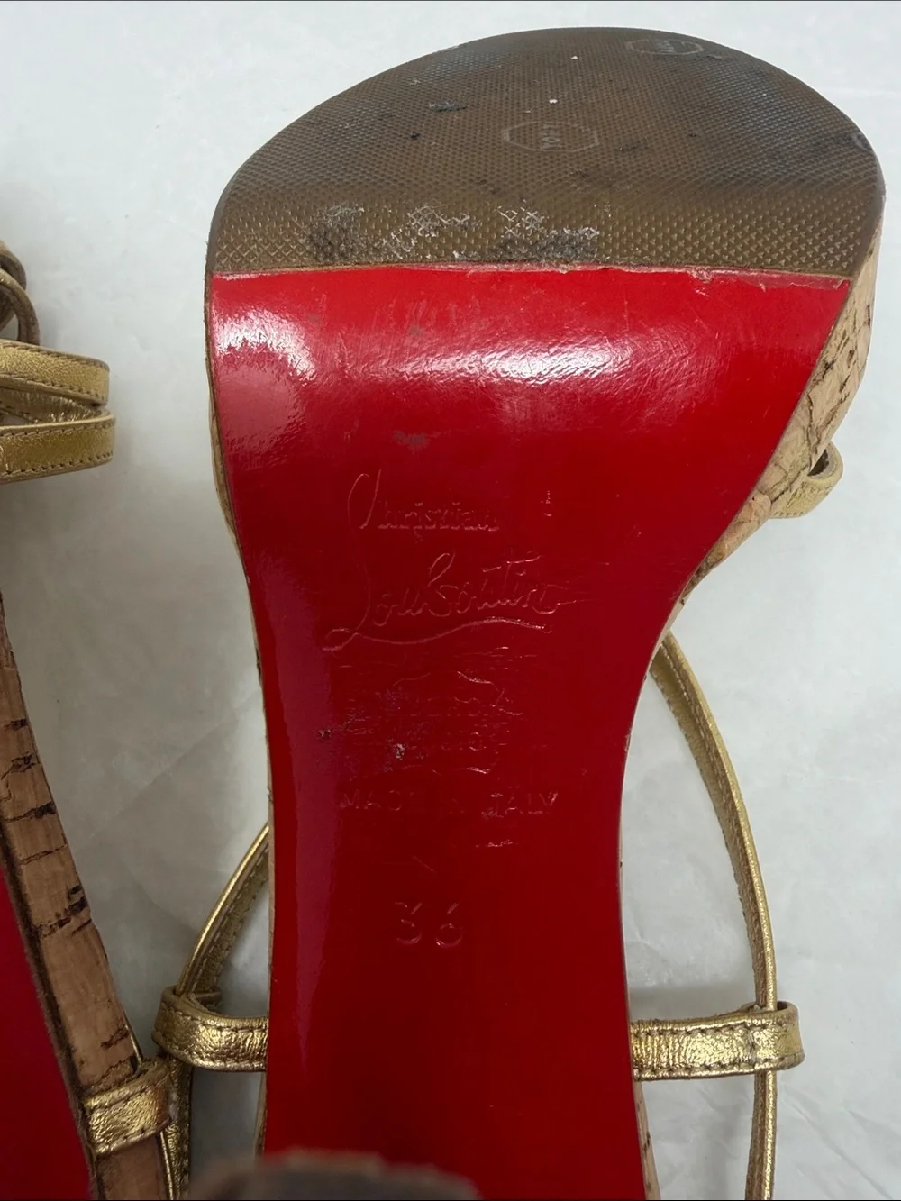 Christian Louboutin Metallic Gold Strappy Cork Platform Heels